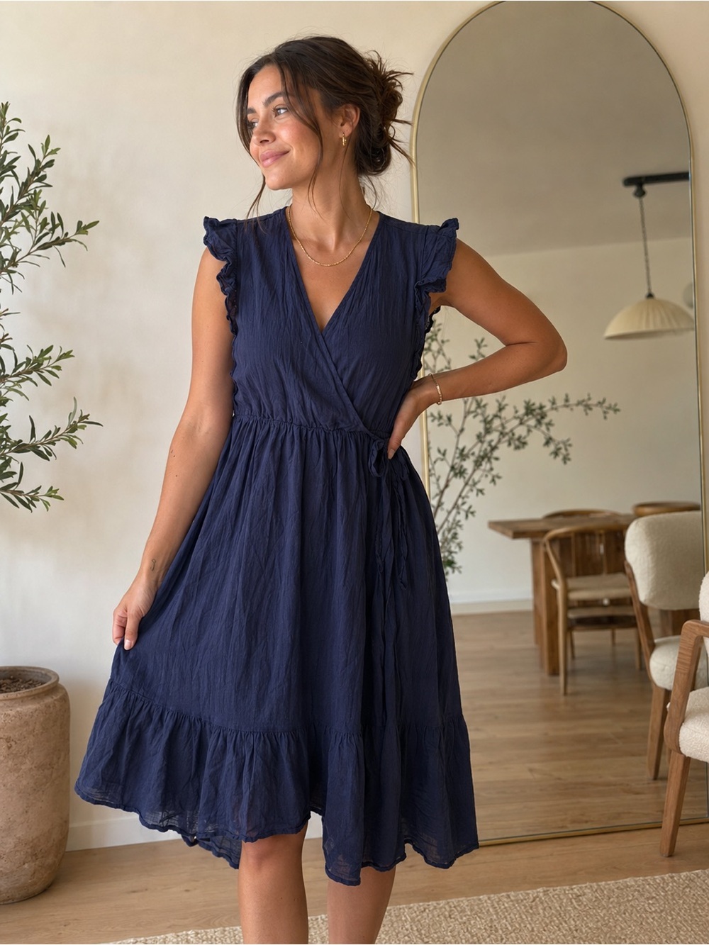 Old Navy Navy Blue Wrap Dress Ruffle Trim Cottagecore Boho Large Romantic Flowy